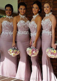 Halter Sleeveless Sweep Train Sheath/Column Satin Bridesmaid Dresses With Appliqued Kadence STKP0025515