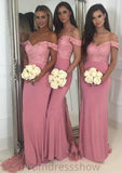 Sleeveless Off-the-Shoulder Sweep Train Sheath/Column Jersey Bridesmaid Dresseses With Lace Beading Jaida STKP0025519