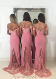 Sleeveless Off-the-Shoulder Sweep Train Sheath/Column Jersey Bridesmaid Dresseses With Lace Beading Jaida STKP0025519