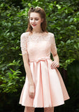 Bateau Short Sleeve Short/Mini A-line/Princess Satin Bridesmaid Dresses With Waistband Pleated Lace Cristal STKP0025521