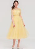 Bateau Short Sleeve A-line/Princess Tulle Tea-Length  Bridesmaid Dresses With Pleated Lace Karen STKP0025522