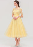 Bateau Short Sleeve A-line/Princess Tulle Tea-Length  Bridesmaid Dresses With Pleated Lace Karen STKP0025522