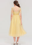 Bateau Short Sleeve A-line/Princess Tulle Tea-Length  Bridesmaid Dresses With Pleated Lace Karen STKP0025522