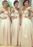 Sleeveless V Neck Long/Floor-Length A-line/Princess Satin Bridesmaid Dresseses With Pleated Waistband Shayna STKP0025536