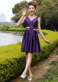 Sleeveless V Neck Knee-Length A-line/Princess Satin Bridesmaid Dresses With Bowknot Pleated Taniya STKP0025559