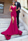 Sleeveless V Neck Court Train Sheath/Column Elastic Satin Bridesmaid Dresseses With Split Breanna STKP0025567