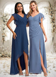 Rowan A-line V-Neck Floor-Length Chiffon Bridesmaid Dress With Ruffle STKP0025729