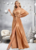 Kathryn A-line V-Neck Floor-Length Stretch Satin Bridesmaid Dress STKP0025793