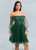 Karli A-line Off the Shoulder Short Tulle Homecoming Dress With Sequins Appliques Lace STKP0025663