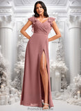 Rayna A-line V-Neck Floor-Length Chiffon Bridesmaid Dress With Ruffle STKP0025751