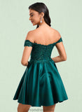 Aspen A-line Off the Shoulder Short Lace Satin Homecoming Dress With Rhinestone STKP0025718