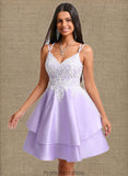 Sierra A-line V-Neck Short Satin Homecoming Dress With Appliques Lace STKP0025696