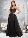 Moira Ball-Gown/Princess V-Neck Floor-Length Tulle Prom Dresses With Sequins Appliques Lace STKP0025837