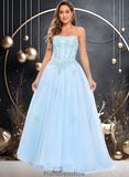 Monica Ball-Gown/Princess Straight Sweep Train Tulle Prom Dresses With Sequins Appliques Lace STKP0025864