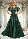 Tia A-line V-Neck Floor-Length Stretch Satin Bridesmaid Dress STKP0025782