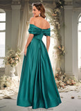 Abbie A-line Off the Shoulder Floor-Length Satin Prom Dresses With Pleated STKP0025851