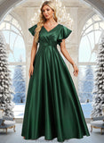 Sydney A-line V-Neck Floor-Length Satin Bridesmaid Dress With Ruffle STKP0025777