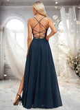 Undine A-line V-Neck Floor-Length Chiffon Prom Dresses With Pleated STKP0025830