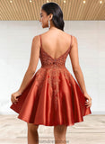 Thelma A-line Scoop Short Satin Lace Homecoming Dress With Sequins STKP0025683