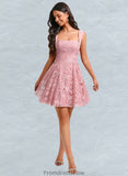 Madeline A-line Square Mini Lace Homecoming Dress With Bow Sequins STKP0025647