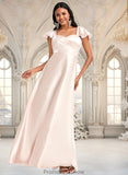 Cali A-line V-Neck Floor-Length Stretch Satin Bridesmaid Dress With Bow STKP0025759