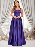 Marian Ball-Gown/Princess Scoop Floor-Length Satin Prom Dresses With Appliques Lace Beading STKP0025865