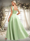 Mckinley A-line Square Floor-Length Satin Bridesmaid Dress With Bow STKP0025778