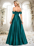 Stephany A-line Off the Shoulder Floor-Length Stretch Satin Prom Dresses STKP0025879