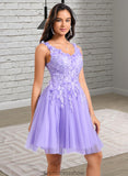 Jewel Ball-Gown/Princess V-Neck Short Lace Tulle Homecoming Dress With Flower STKP0025656