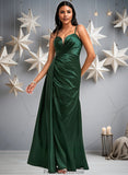 Kaylah A-line V-Neck Floor-Length Stretch Satin Bridesmaid Dress STKP0025745