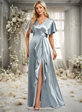 Jaida A-line V-Neck Floor-Length Stretch Satin Bridesmaid Dress With Ruffle STKP0025767