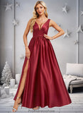 Ansley A-line V-Neck Floor-Length Satin Bridesmaid Dress STKP0025775