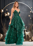 Janelle Ball-Gown/Princess V-Neck Floor-Length Lace Floral Prom Dresses With Sequins STKP0025838