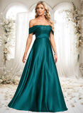 Stephany A-line Off the Shoulder Floor-Length Stretch Satin Prom Dresses STKP0025879