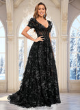 Erica A-line V-Neck Sweep Train Floral Lace Prom Dresses With Sequins STKP0025869