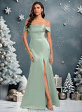 Tanya Trumpet/Mermaid Off the Shoulder Square Floor-Length Satin Prom Dresses With Ruffle STKP0025883