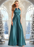 Kassandra A-line Halter Floor-Length Stretch Satin Bridesmaid Dress STKP0025731