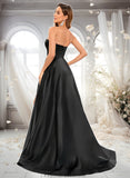 Adeline A-line V-Neck Sweep Train Satin Prom Dresses STKP0025842