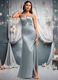 Mayra A-line V-Neck Floor-Length Stretch Satin Bridesmaid Dress STKP0025728