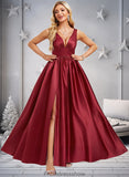 Ansley A-line V-Neck Floor-Length Satin Bridesmaid Dress STKP0025775