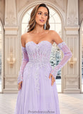 Karsyn A-line Sweetheart Sweep Train Tulle Prom Dresses With Sequins Appliques Lace STKP0025856