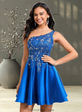 Aliyah A-line One Shoulder Short Satin Homecoming Dress With Appliques Lace Sequins STKP0025657