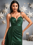 Kaylah A-line V-Neck Floor-Length Stretch Satin Bridesmaid Dress STKP0025745