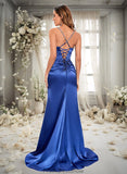 Frederica Trumpet/Mermaid Straight Sweep Train Stretch Satin Prom Dresses With Rhinestone STKP0025861