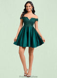 Aspen A-line Off the Shoulder Short Lace Satin Homecoming Dress With Rhinestone STKP0025718