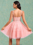 Everleigh Ball-Gown/Princess Scoop Short Tulle Lace Homecoming Dress With Ruffle STKP0025676