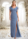 Rowan A-line V-Neck Floor-Length Chiffon Bridesmaid Dress With Ruffle STKP0025729