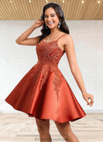 Thelma A-line Scoop Short Satin Lace Homecoming Dress With Sequins STKP0025683