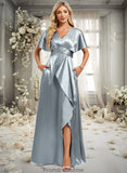 Jaida A-line V-Neck Floor-Length Stretch Satin Bridesmaid Dress With Ruffle STKP0025767