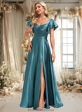 Jacquelyn A-line V-Neck Floor-Length Stretch Satin Bridesmaid Dress With Ruffle STKP0025780